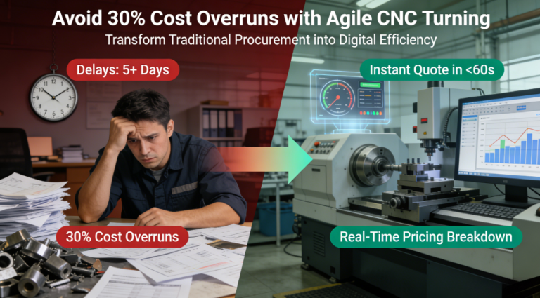 Industrial diagram contrasting traditional CNC turning procurement problems (manual delays, 30% cost overruns) versus digital agile solutions (instant quoting, transparent pricing) for manufacturing engineers