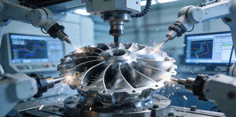 A 5-axis CNC machine precisely machining a titanium alloy aerospace impeller in a single setup, demonstrating high efficiency and capability for complex parts.